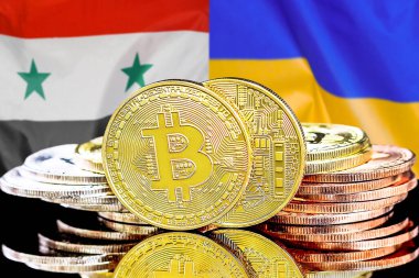 Bitcoins on flag Syria and Ukraine background. Concept for investors in cryptocurrency and Blockchain technology in Syria and Ukraine