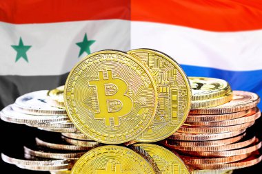 Bitcoins on flag Syria and Netherlands background. Concept for investors in cryptocurrency and Blockchain technology in Syria and Netherlands