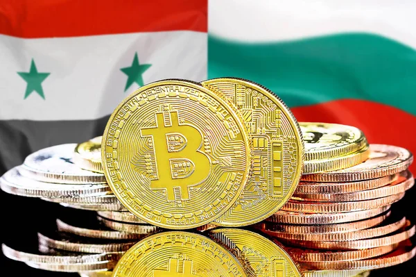 Bitcoins on flag Syria and Bulgaria background. Concept for investors in cryptocurrency and Blockchain technology in Syria and Bulgaria