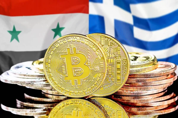 Bitcoins on flag Syria and Greece background. Concept for investors in cryptocurrency and Blockchain technology in Syria and Greece