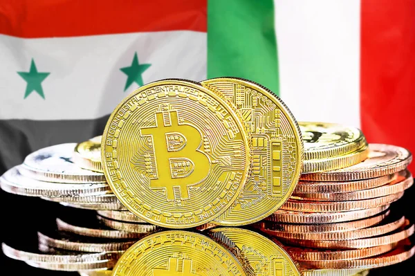 Bitcoins on flag Syria and Italy background. Concept for investors in cryptocurrency and Blockchain technology in Syria and Italy