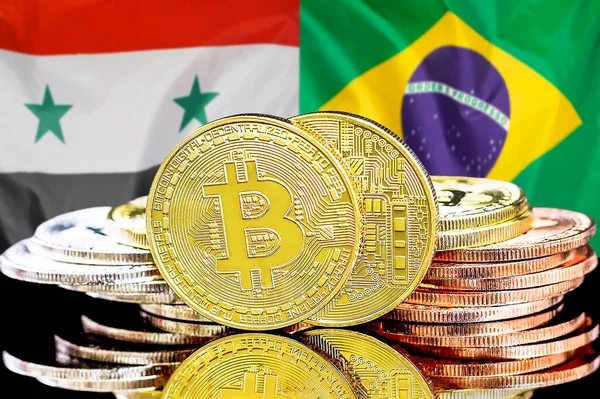Bitcoins on flag Syria and Brazil background. Concept for investors in cryptocurrency and Blockchain technology in Syria and Brazil