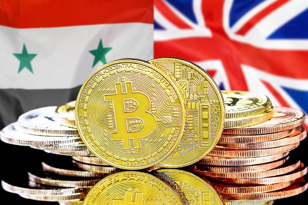 Bitcoins on flag Syria and UK background. Concept for investors in cryptocurrency and Blockchain technology in Syria and UK