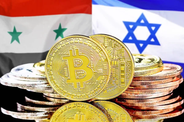Bitcoins on flag Syria and Israel background. Concept for investors in cryptocurrency and Blockchain technology in Syria and Israel
