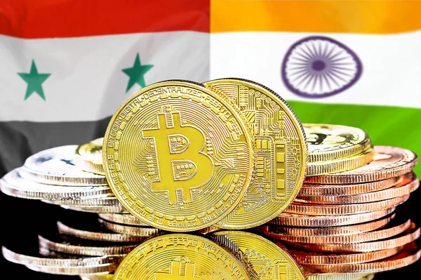 Bitcoins on flag Syria and India background. Concept for investors in cryptocurrency and Blockchain technology in Syria and India