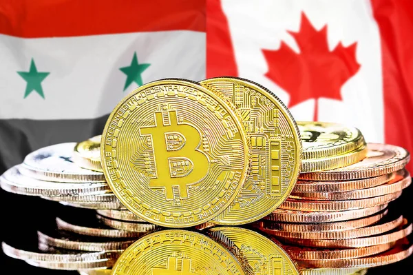 Bitcoins on flag Syria and Canada background. Concept for investors in cryptocurrency and Blockchain technology in Syria and Canada