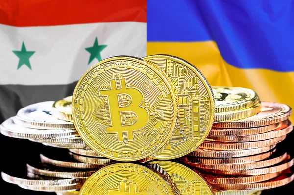 Bitcoins on flag Syria and Ukraine background. Concept for investors in cryptocurrency and Blockchain technology in Syria and Ukraine