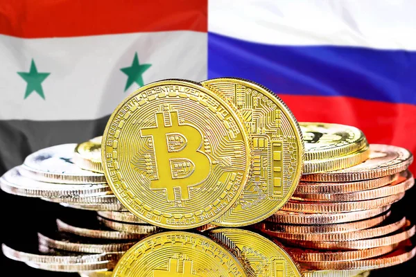 Bitcoins on flag Syria and Russia background. Concept for investors in cryptocurrency and Blockchain technology in Syria and Russia