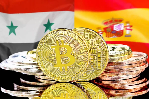Bitcoins on flag Syria and Spain background. Concept for investors in cryptocurrency and Blockchain technology in Syria and Spain