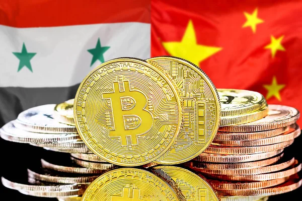 Bitcoins on flag Syria and China background. Concept for investors in cryptocurrency and Blockchain technology in Syria and China