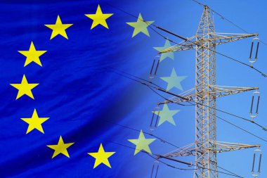 EU flag on electric pole background. Power shortage and increased energy consumption in EU. Energy crisis in European Union