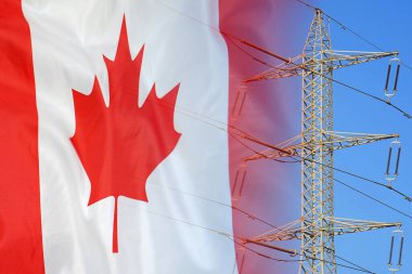 Canada flag on electric pole background. Power shortage and increased energy consumption in Canada. Energy crisis in Canada