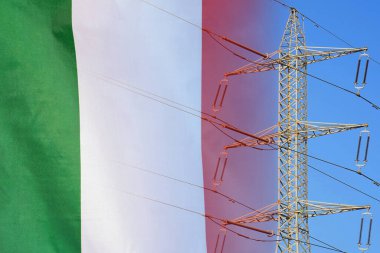 Italy flag on electric pole background. Power shortage and increased energy consumption in Italy. Energy crisis in Italy
