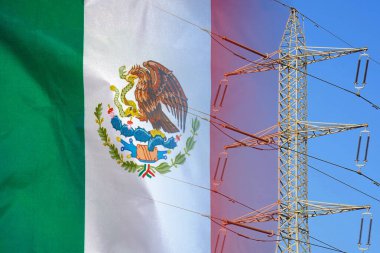 Mexico flag on electric pole background. Power shortage and increased energy consumption in Mexico. Energy crisis in Mexico