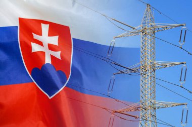 Slovakia flag on electric pole background. Power shortage and increased energy consumption in Slovakia. Energy crisis in Slovakia