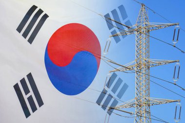 South Korea flag on electric pole background. Power shortage and increased energy consumption in South Korea. Energy crisis in South Korea