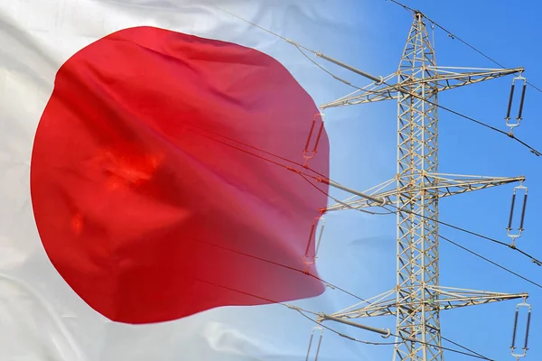 Japan flag on electric pole background. Power shortage and increased energy consumption in Japan. Energy crisis in Japan