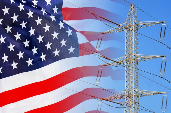 US flag on electric pole background. Power shortage and increased energy consumption in US. Energy crisis in US