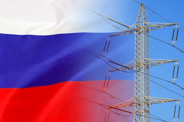 Russia Flag Electric Pole Background Power Shortage Increased Energy Consumption — стоковое фото
