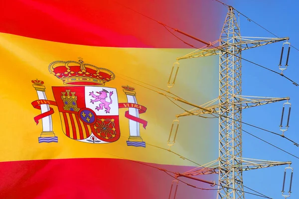 Spain flag on electric pole background. Power shortage and increased energy consumption in Spain. Energy crisis in Spain