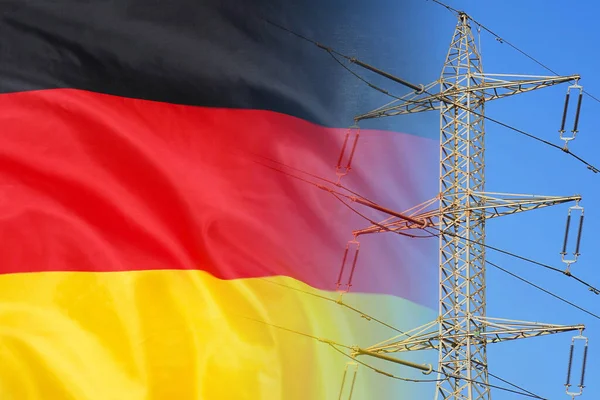 Germany flag on electric pole background. Power shortage and increased energy consumption in Germany. Energy crisis in Germany