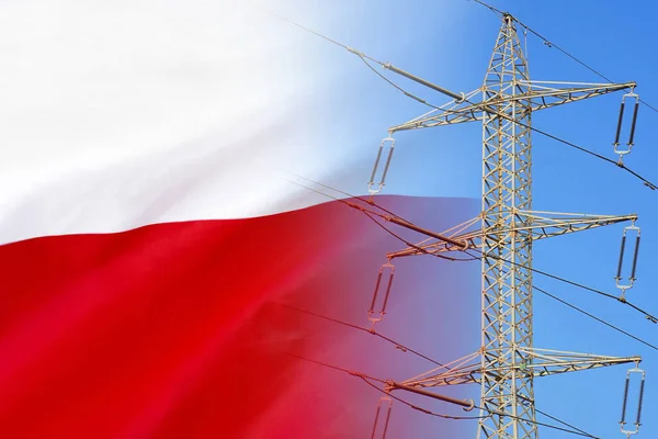 Poland flag on electric pole background. Power shortage and increased energy consumption in Poland. Energy crisis in Poland