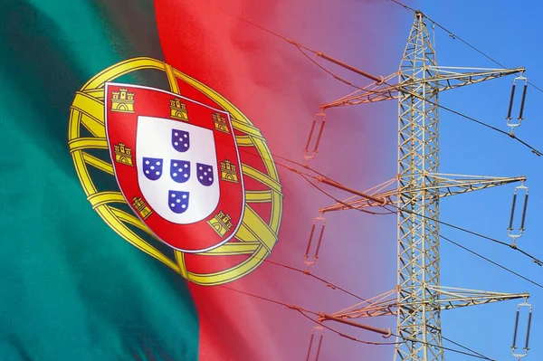 Portugal flag on electric pole background. Power shortage and increased energy consumption in Portugal. Energy crisis in Portugal