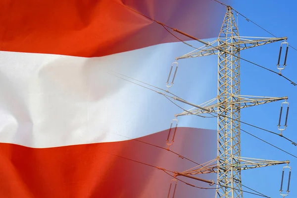 Austria flag on electric pole background. Power shortage and increased energy consumption in Austria. Energy crisis in Austria