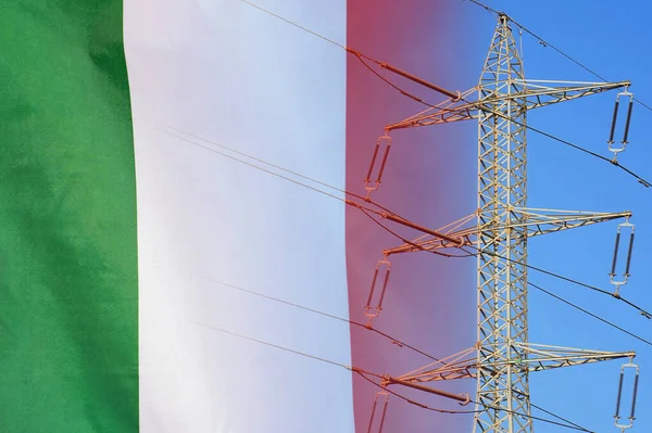 Italy flag on electric pole background. Power shortage and increased energy consumption in Italy. Energy crisis in Italy