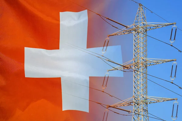 Switzerland flag on electric pole background. Power shortage and increased energy consumption in Switzerland. Energy crisis in Switzerland