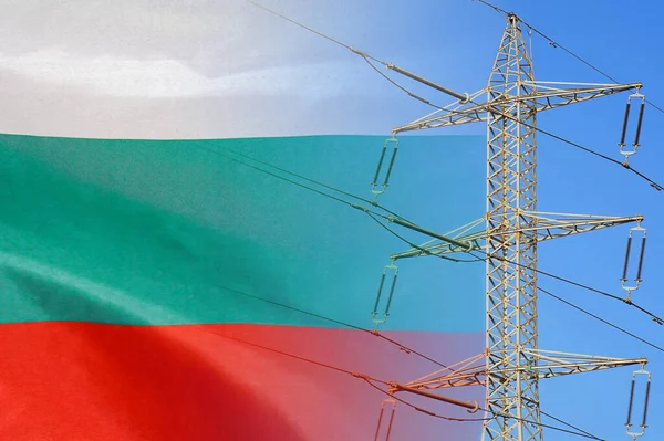 Bulgaria flag on electric pole background. Power shortage and increased energy consumption in Bulgaria. Energy crisis in Bulgaria