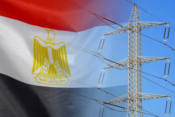 Egypt flag on electric pole background. Power shortage and increased energy consumption in Egypt. Energy crisis in Egypt