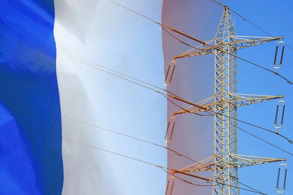 France flag on electric pole background. Power shortage and increased energy consumption in France. Energy crisis in France