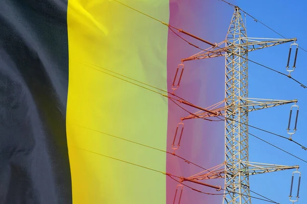 Belgium flag on electric pole background. Power shortage and increased energy consumption in Belgium. Energy crisis in Belgium