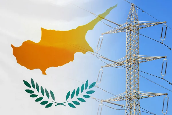 Cyprus flag on electric pole background. Power shortage and increased energy consumption in Cyprus. Energy crisis in Cyprus