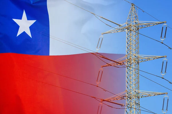 Chile flag on electric pole background. Power shortage and increased energy consumption in Chile. Energy crisis in Chile