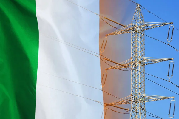 Ireland flag on electric pole background. Power shortage and increased energy consumption in Ireland. Energy development and energy crisis in Ireland