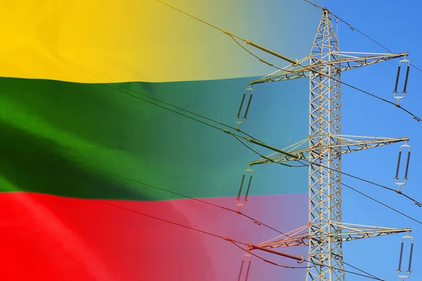 Lithuania flag on electric pole background. Power shortage and increased energy consumption in Lithuania. Energy development and energy crisis in Lithuania