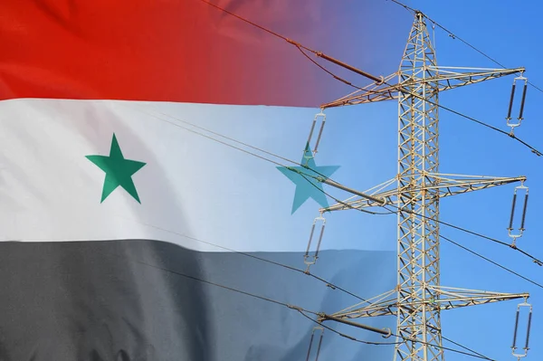 Syria flag on electric pole background. Power shortage and increased energy consumption in Syria. Energy development and energy crisis in Syria