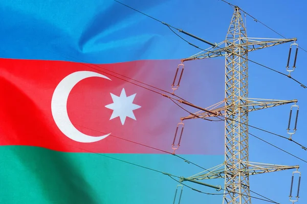 Azerbaijan flag on electric pole background. Power shortage and increased energy consumption in Azerbaijan. Energy development and energy crisis in Azerbaijan