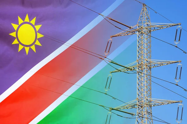 Namibia flag on electric pole background. Power shortage and increased energy consumption in Namibia. Energy development and energy crisis in Namibia