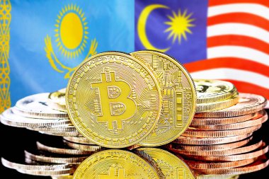 Kazakistan ve Malezya kökenli bitcoinler. Kazakistan ve Malezya 'daki kripto para birimi ve engelleme teknolojisi yatırımcıları için kavram