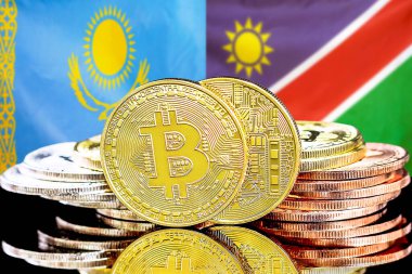 Kazakistan ve Namibya 'nın bayraklarındaki bitcoinler. Kazakistan ve Namibya 'daki kripto para birimi ve engelleme teknolojisi yatırımcıları için kavram