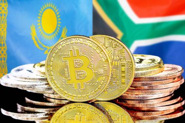 Kazakistan ve Güney Afrika arkaplanındaki bitcoinler. Kazakistan ve Güney Afrika 'daki kripto para birimi ve engelleme teknolojisi yatırımcıları için kavram