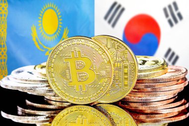Kazakistan ve Güney Kore 'nin bayraklarındaki bitcoinler. Kazakistan ve Güney Kore 'deki kripto para birimi ve engelleme teknolojisi yatırımcıları için kavram