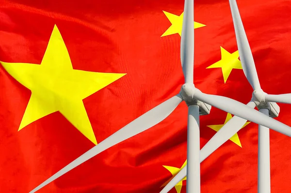 Two Wind Turbines for alternative energy on China flag background. Wind turbines generating electricity. Eco power and Wind stations for renewable electric energy production in China