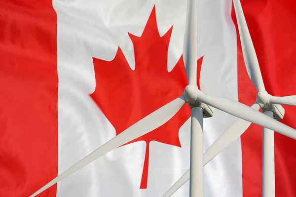 Dos Turbinas Viento Para Energía Alternativa Fondo Bandera Canadá Turbinas — Foto de Stock