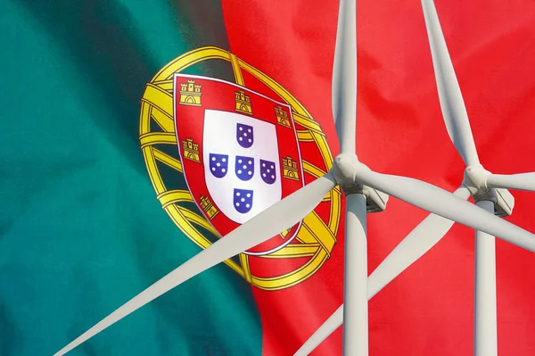 Dwie Turbiny Wiatrowe Dla Alternatywnej Energii Tle Flagi Portugalii Turbiny — Zdjęcie stockowe