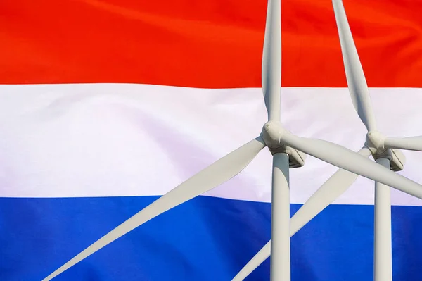 Két Szélturbina Holland Lobogó Alatt Közlekedő Alternatív Energiaforrásokhoz Elektromos Áramot — Stock Fotó