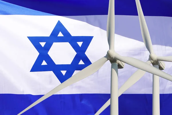 Dwie Turbiny Wiatrowe Dla Alternatywnej Energii Tle Flagi Izraela Turbiny — Zdjęcie stockowe